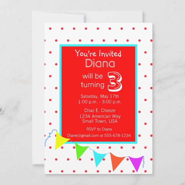 Invitación Colorida fiesta de cumpleaños infantil (Anverso)