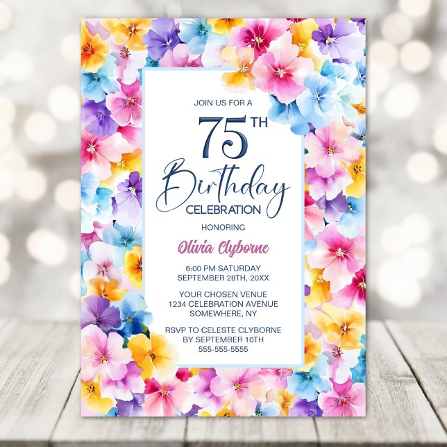 Invitación Colorida fiesta de cumpleaños número 75 floral (Subido por el creador)