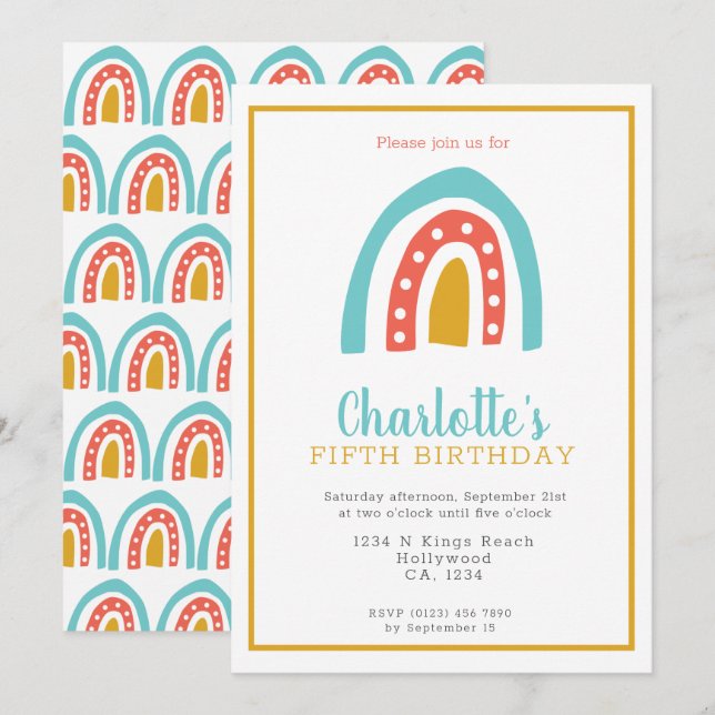 Invitación Colorida fiesta de cumpleaños personalizada Rainbo (Anverso / Reverso)