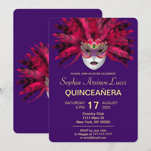 Invitación Colorida fiesta de la mascarada Quinceañera (Anverso / Reverso)