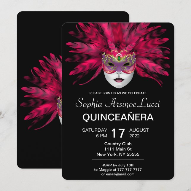 Invitación Colorida fiesta de la mascarada Quinceañera (Anverso / Reverso)