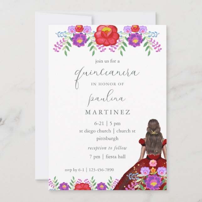 Invitación Colorida Fiesta Floral Quinceañera Princess (Anverso)