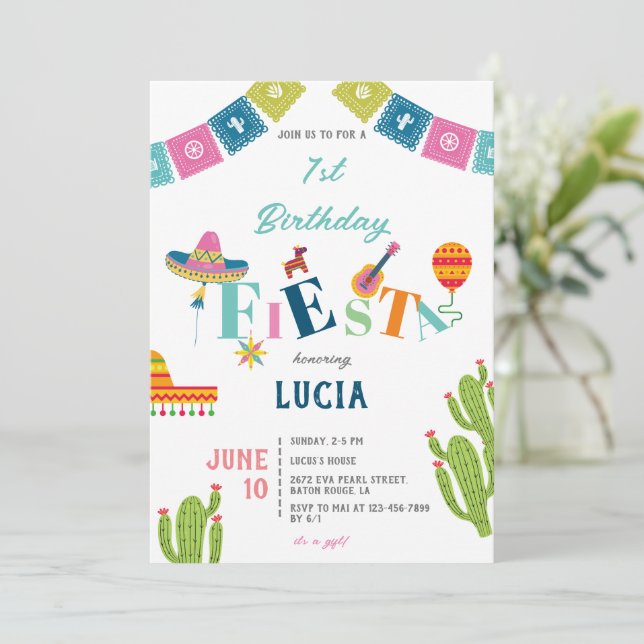 Invitación Colorida Fiesta Mexicana Cactus Primer Cumpleaños (Anverso de pie)