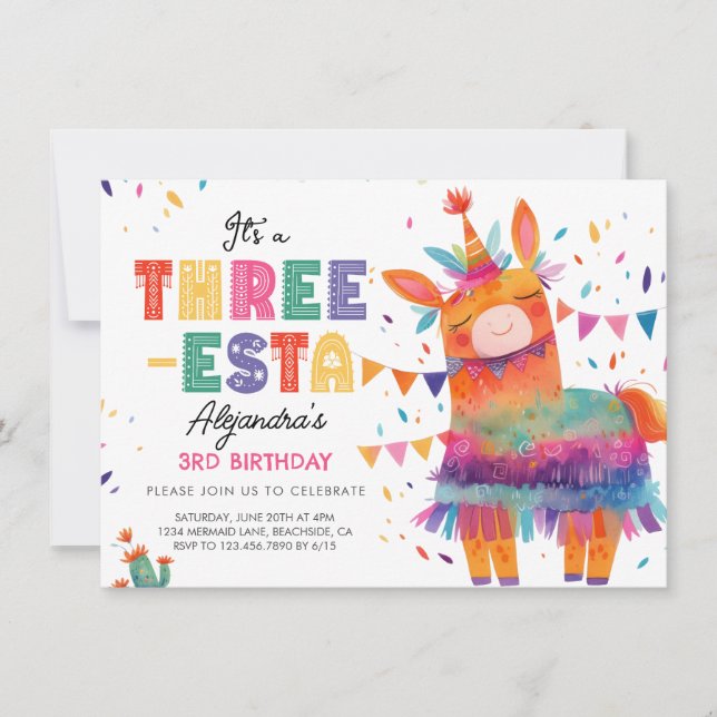 Invitación Colorida Fiesta Mexicana de Tres Años (Anverso)