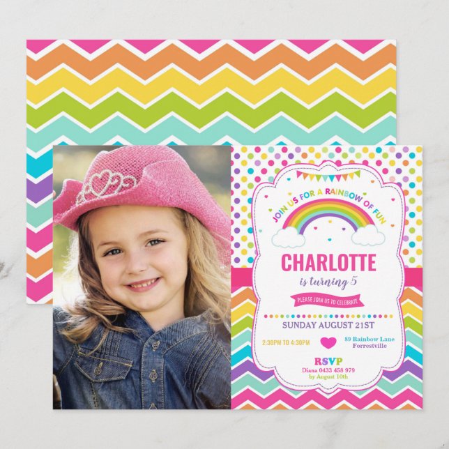 Invitación Colorida foto del Chica del partido del cumpleaños (Anverso / Reverso)