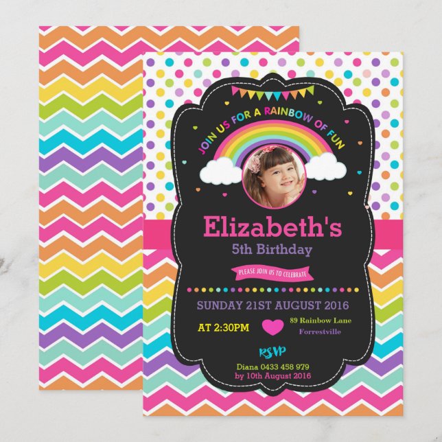Invitación Colorida foto del Chica del partido del cumpleaños (Anverso / Reverso)