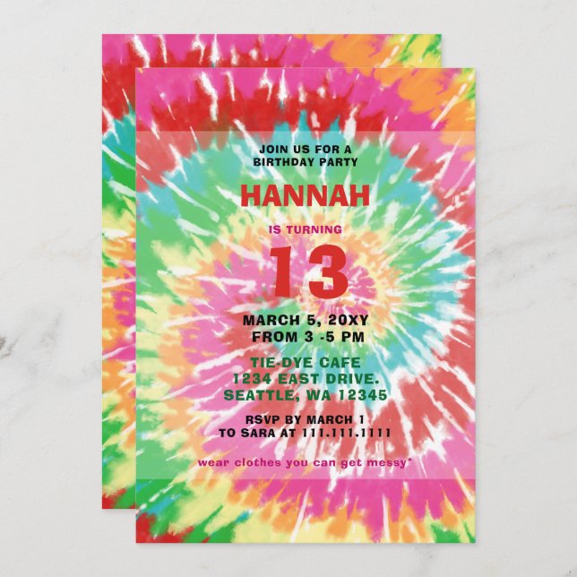 Invitación Colorida Hippie Tie Dye Diversión de cumpleaños In (Anverso / Reverso)