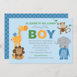 Invitación Colorida Jungla Azul Animales Bebé Niño Ducha