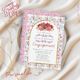 Invitación Colorida negrita Floral Blooms Gold Engagement Par