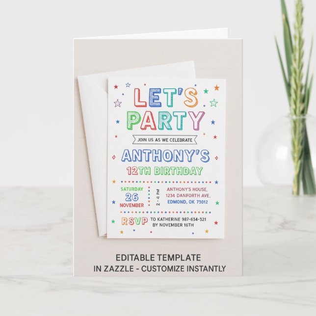 Invitación Colorida para Cumpleaños número 12 para (Anverso)