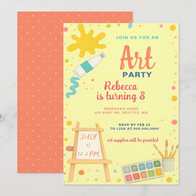 Invitación Colorida pintura Dibujo Fiesta de arte Cumpleaños (Anverso / Reverso)
