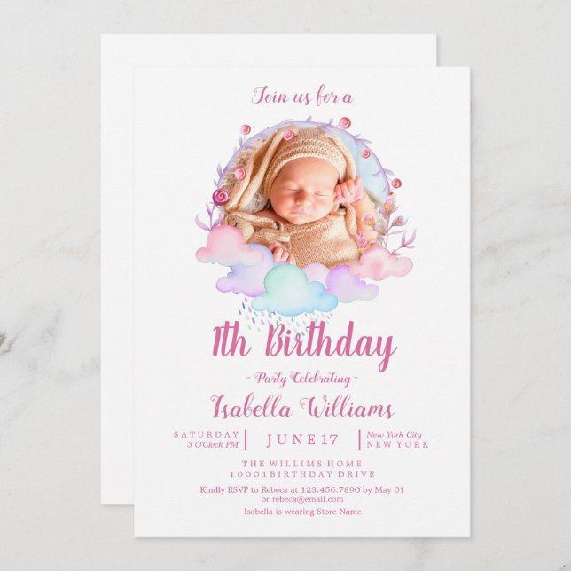 Invitación colorida primer cumpleaños del bebé niñ (Anverso / Reverso)