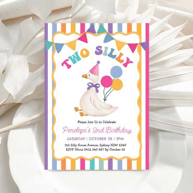 Invitación Colorida Rayada Dos Gansos Tontos Cumpleaños 2 niñ (Subido por el creador)