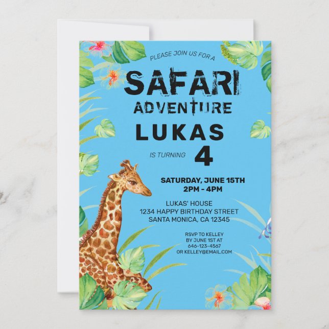 Invitación Colorida Selva Tropical Safari Giraffe Cumpleaños (Anverso)