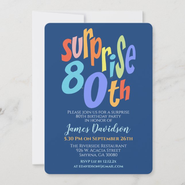 Invitación Colorida Sorpresa 80 cumpleaños fiesta moderna (Anverso)