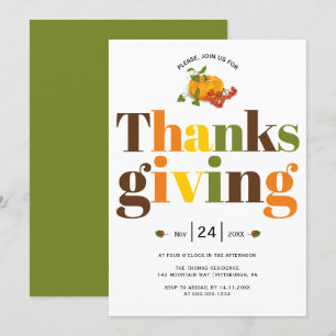 Invitación Colorida tipografía pumkin Día de Acción de Gracia
