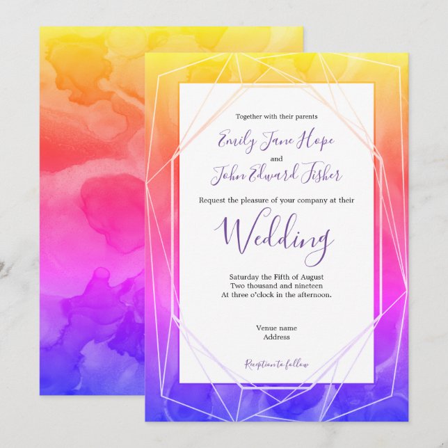 Invitación Coloridas acuáticas funky/Boda geométrico (Anverso / Reverso)