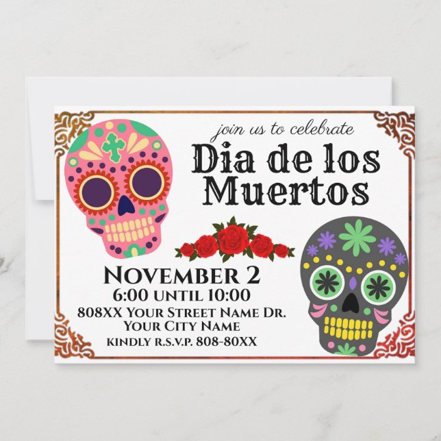 Invitación Coloridas calaveras de azúcar Día del Fiesta Muert (Anverso)