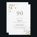 Invitación Coloridas Dainty Wild Flowers 90th Birthday Party<br><div class="desc">Esta colorida y delgada invitación a la fiesta de cumpleaños 90 es perfecta para una fiesta de cumpleaños rústica. El diseño se caracteriza por una acuarela pintada a mano con bonitas flores rosadas,  onduladas,  azules,  navales,  amarillas,  violetas y verdes.</div>