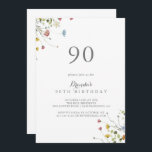 Invitación Coloridas Dainty Wild Flowers 90th Birthday Party<br><div class="desc">Esta colorida y delgada invitación a la fiesta de cumpleaños 90 es perfecta para una fiesta de cumpleaños rústica. El diseño se caracteriza por una acuarela pintada a mano con bonitas flores rosadas,  onduladas,  azules,  navales,  amarillas,  violetas y verdes.</div>
