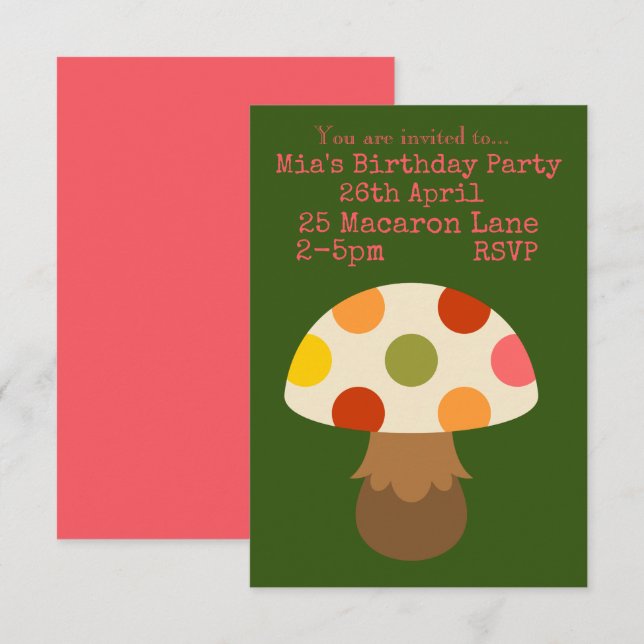 Invitación Coloridas fiestas de cumpleaños de chicas de hongo (Anverso / Reverso)