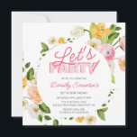 Invitación Coloridas flores de primavera amarilla rosada 30 c<br><div class="desc">Una colorida y festiva placita floral primaveral 30 años de invitación empieza con Let's Fiesta! La tipografía rosa de dos tonos complementa las flores rosas del marco. Cepas de amarillo dan en un ambiente de primavera. Hojas verdes profundas y follaje completan el marco botánico redondo. El diseño moderno y sencillo...</div>