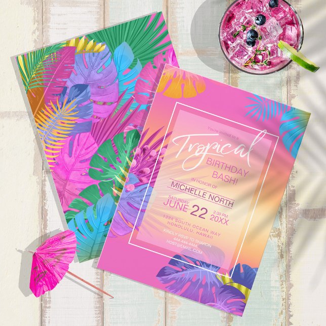 Invitación Coloridas hojas tropicales Sunset Birthday ID575 (Front/Back In Situ)