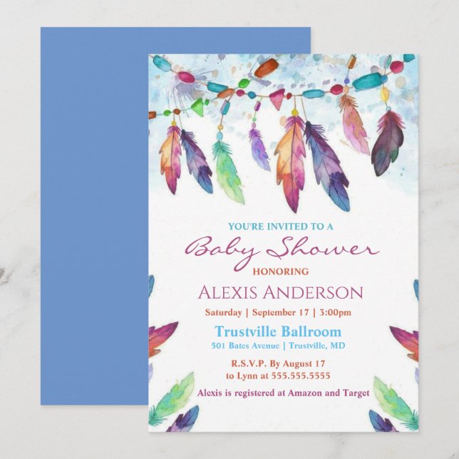 Invitación Coloridas plumas de color Baby Shower (Anverso / Reverso)