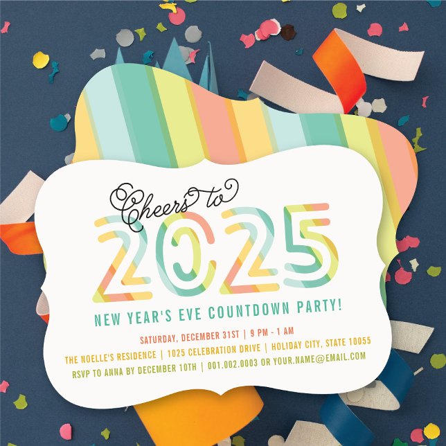 Invitación Coloridas Saludos Al Fiesta De Nochevieja De 2025 (Colorful Cheers To 2025 Modern New Years Eve Party Invitation @ fat_fa_tin)