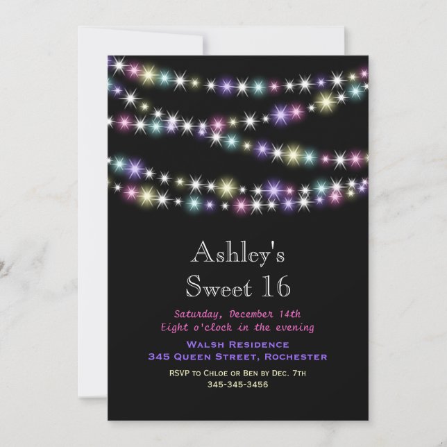 Invitación Coloridas Twinkle Lights Sweet 16 Party Invitation (Anverso)