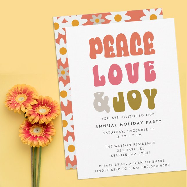 Invitación Coloridas vacaciones de retro Groovy Peace Love Jo (Colorful Retro Groovy Peace Love Joy Holiday Invitation)