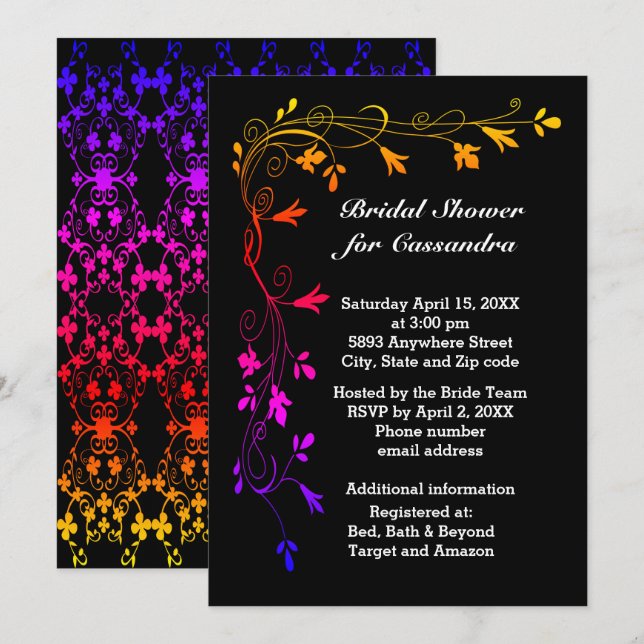 Invitación Coloridas Vines Florales Bridal Shower Black BKGD (Anverso / Reverso)