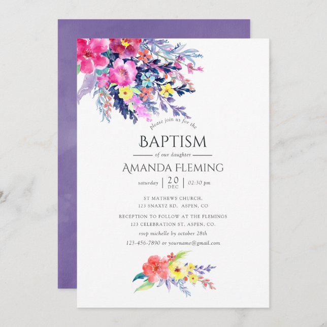 Invitación Colorido acuarela Bautismo floral o cristianismo (Anverso / Reverso)