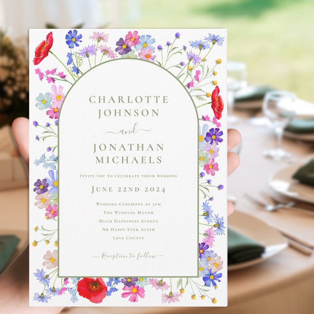Invitación Colorido Arco de Flor Silvestre (Colorful wildflower arch with elegant green typography script wedding invitation )