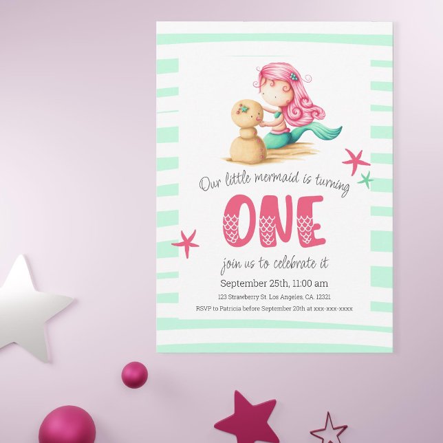 Invitación Colorido bajo el mar Sirenita Chica primer cumplea (Aqua and Pink Mermaid First Birthday Summer Invitation )