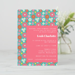 Invitación Colorido Bar Mitzvah Floral Retro Azul Divertido