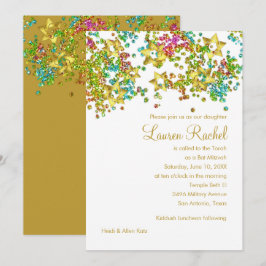 Invitación Colorido Bat Mitzvah Gold Star Purpurinoso Confett