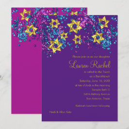 Invitación Colorido Bat Mitzvah Gold Star Purpurinoso Confett