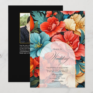 Invitación Colorido Boda de Fiesta Floral Foto y código QR
