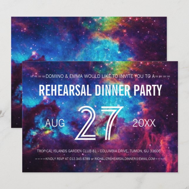 Invitación Colorido Boda Galaxia Ensayo Cena (Anverso / Reverso)