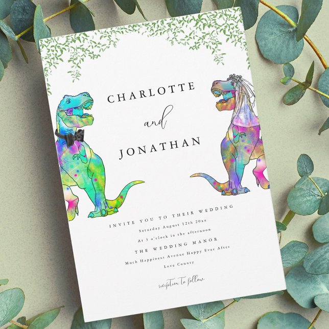 Invitación Colorido Boda temático de dinosaurios (Colorful Dinosaur theme wedding invitation with eucalyptus foliage)