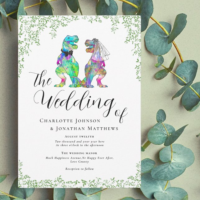 Invitación Colorido Boda temático de dinosaurios (Dinosaur theme wedding invitation with script and watercolor botanical greenery)