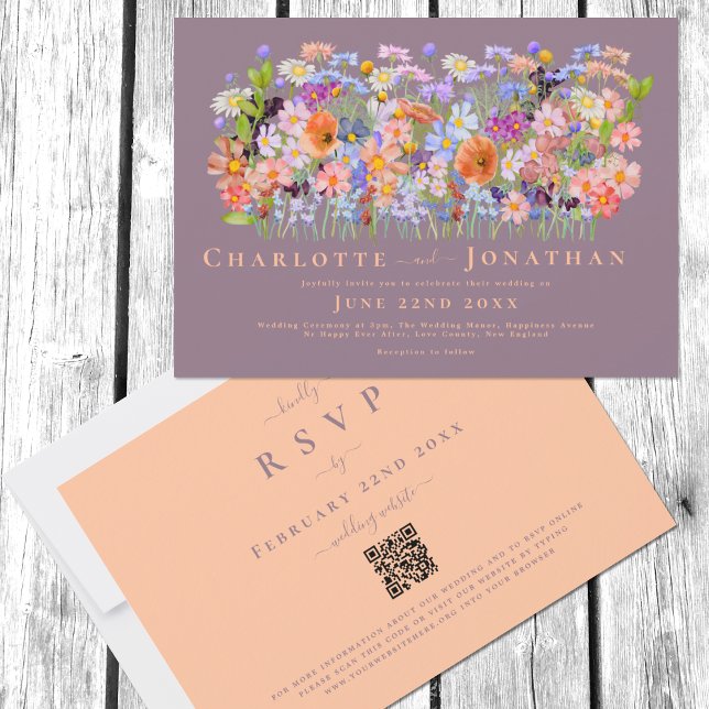 Invitación Colorido Boho Boda QR Código (Colorful Wildflower meadow boho peach fuzz wedding invitation with QR Code online RSVP)