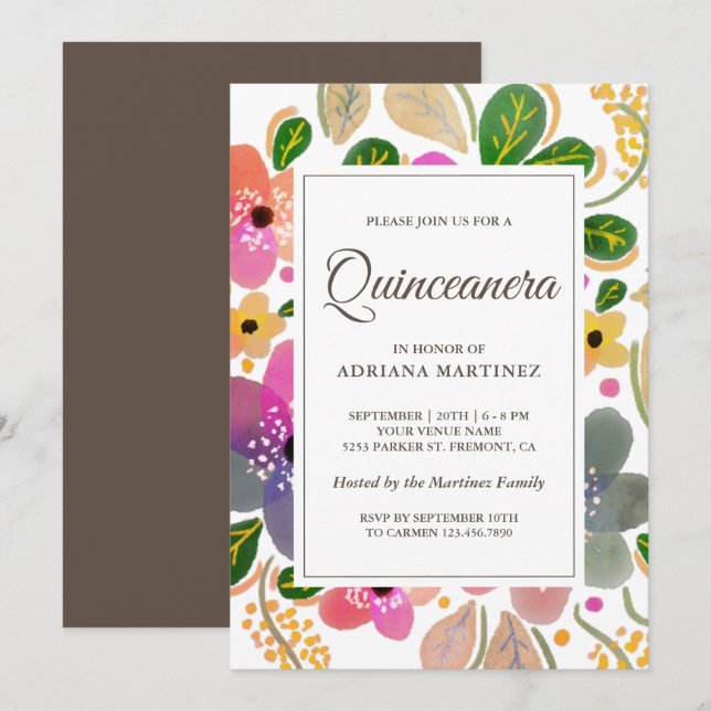 Invitación Colorido brillante acuarela Floral Quinceanera (Anverso / Reverso)