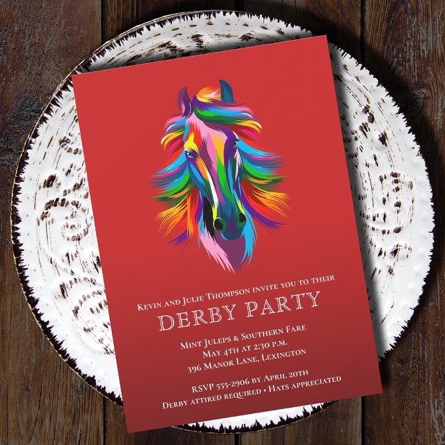 Invitación Colorido caballo de carreras Derby Fiesta Rojo (Colorful Race Horse Derby Party Invitations - PRINTED and/or INSTANT DOWNLOAD)