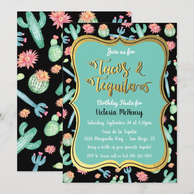 Invitación Colorido Cactus Tacos & Tequila Fiesta de Cumpleañ (Anverso / Reverso)