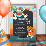 Invitación Colorido Chalkboard Cute Dogs Kids Cumpleaños<br><div class="desc">Una alegre invitación para la fiesta de cumpleaños de los niños con dos perros felices en una pizarra con fondo de rayas y luces fiestas festivas. Genial para un niño que ama a los perros.</div>