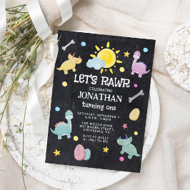 Invitación Colorido Chalkboard Dinosaur 1er cumpleaños