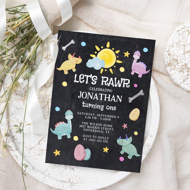 Invitación Colorido Chalkboard Dinosaur 1er cumpleaños (Subido por el creador)