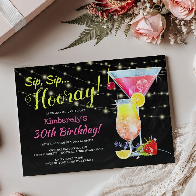 Invitación Colorido Chalkboard Sip Sip Hooray BIrthday Party (Subido por el creador)
